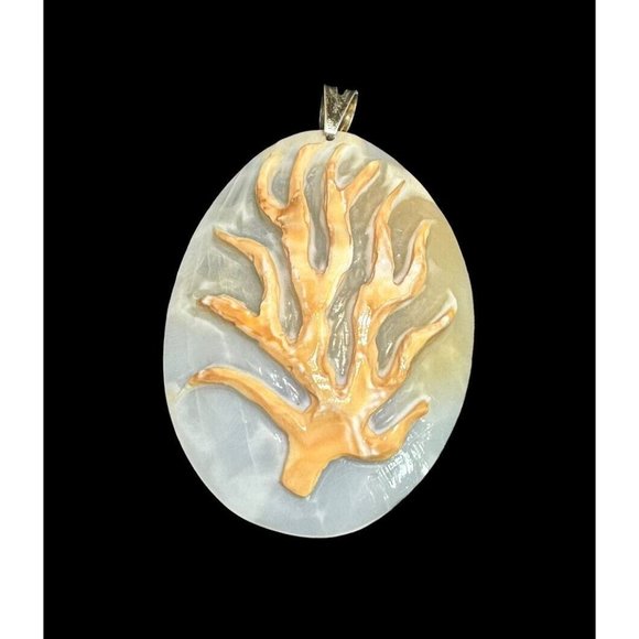 925 Italy Carved Coral Branch Cameo Pendant Artist Signed Mother of Pearl Dangle - Picture 7 of 7